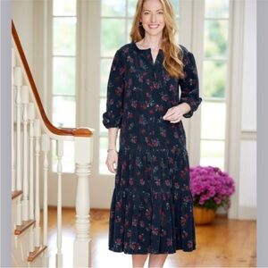 The Vermont Country Store Navy Floral Corduroy Midi Maxi Dress 1X Cottagecore